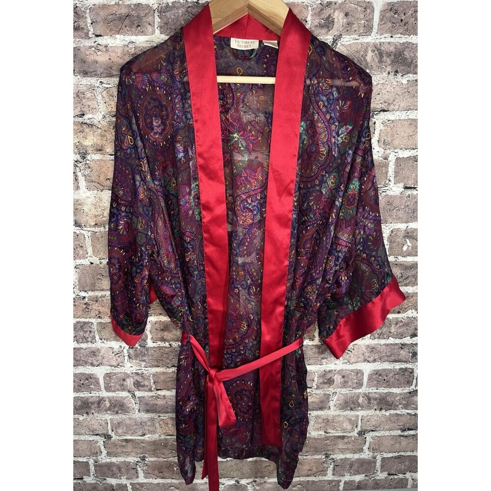 VTG Victorias Secret Gold Label Robe Red Paisley Kimono Short OS 80s 90s Pockets